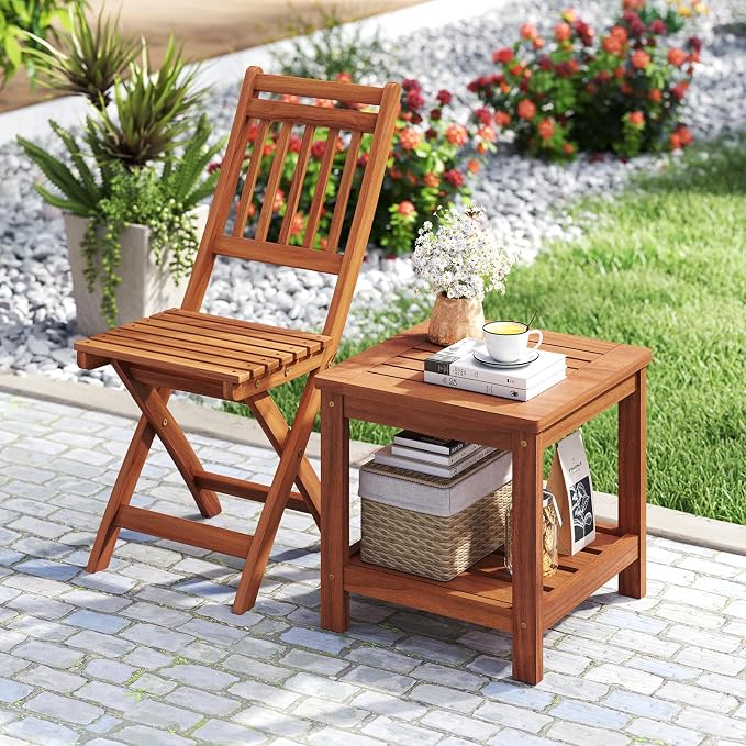 Tangkula Outdoor Side Table, 2-Tier Solid Wood Patio Table with Slatted Tabletop & Storage Shelf, Indoor Outdoor Square Small End Table for Patio, Garden, Yard, Porch, Living Room (1)