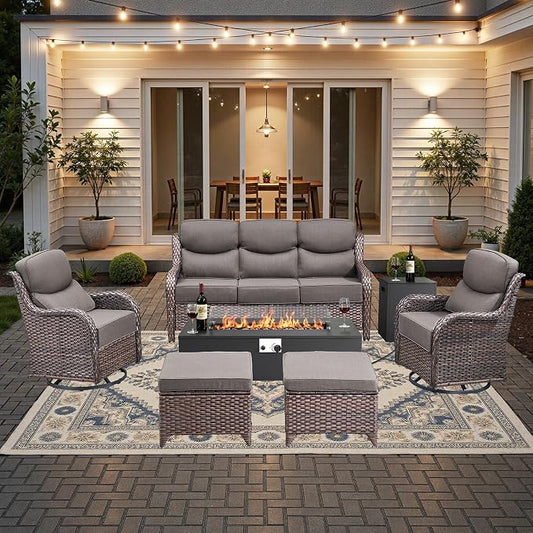 HUMMUH Luxury Patio Furniture Set 6-inch Thick Cushions High Back Swivel Rocker Chairs & 3 Seater-Couch & Steel Fire Pit Table 7 Pieces Outdoor Conversation Set for Porch,Deck,Backyard