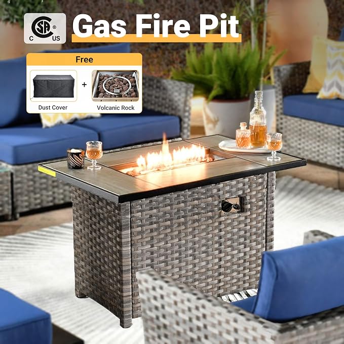 CAODOC 16 Pieces Patio Furniture Conversation Set with 42" Fire Pit Table Rocking Chair Outdoor Sectional Gray Wicker Sofa Set