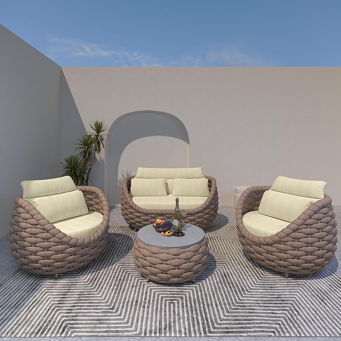 TWT Outdoor Patio Furniture Set-5 Pieces Aluminum Sectional Sofa, Metal Patio Conversation Set with Loveseat & Armchair, Textile Rope and Coffee Table, Light Brown