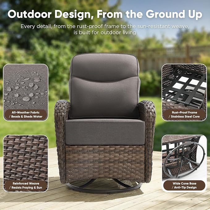 HUMMUH 7-Piece Patio Furniture Set with 6" Thick Cushion High Back Outdoor Swivel Rocker Chairs with 3-Seater Sofa,Coffee Table & Ottomans,Wicker Outdoor Conversation Set for Deck, Porch,Poolside