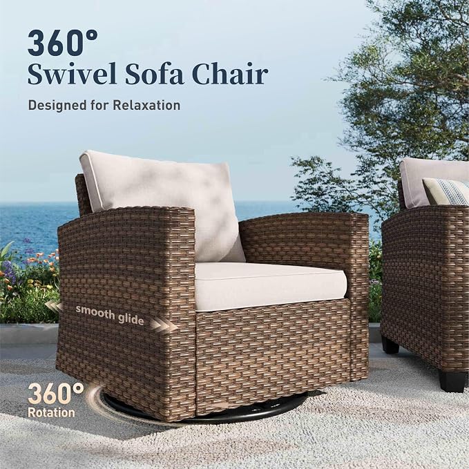 SUNSHINE VALLEY Swivel Glider Patio Furniture Set Outdoor Furniture Brown Wicker Rattan Patio Conversation Sets with Cushion Outside Sofa Set,7 Pieces with Rectangular Firepit Table,9 Seats,Beige