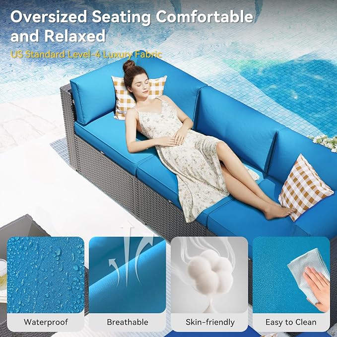 Aoxun Patio Furniture Set with Umbrella, 8 Piece Outdoor Sectional Sofas, Wicker Rattan Outdoor Furniture with Thickened Cushion for Backyard, Garden Peacock Blue
