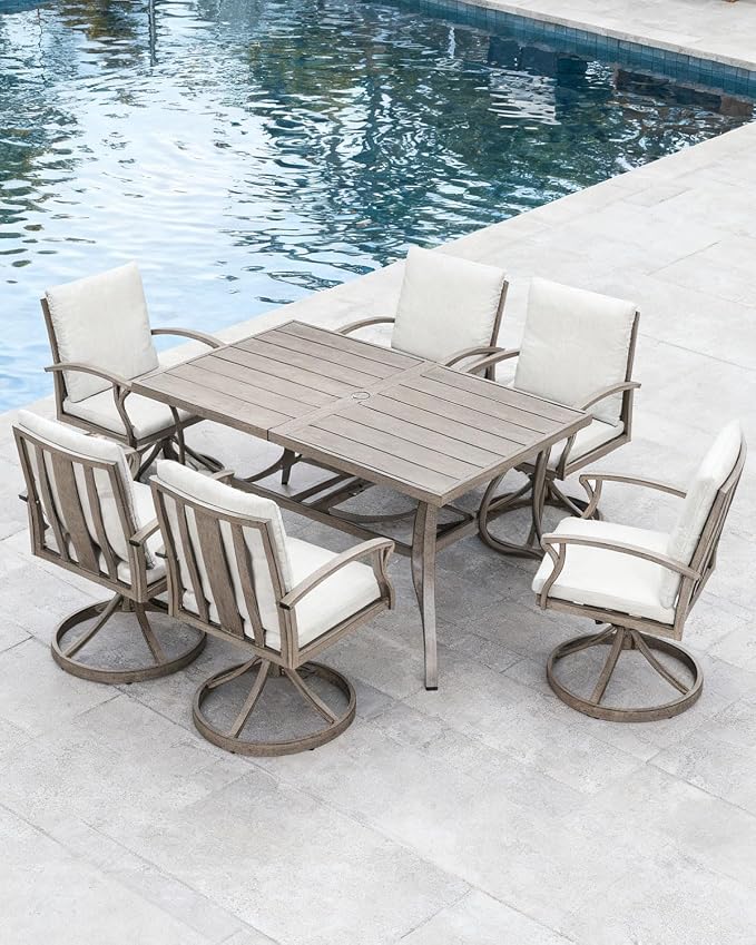 7-Piece Patio Swivel Dining Set for 6, Never Rusts Aluminum Outdoor Dining Set, Patio Dining Furniture with Cushions, Outdoor Table and 6 Swivel Chairs for Deck Garden Yard, Limed Oak