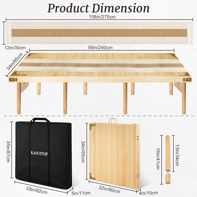 Low Picnic Table with 2 Adjustable Heights – Boho Wooden Picnic Table with Table Runner, 95" x 34" Size for 10, Portable & Foldable for Beach, Camping & Forest