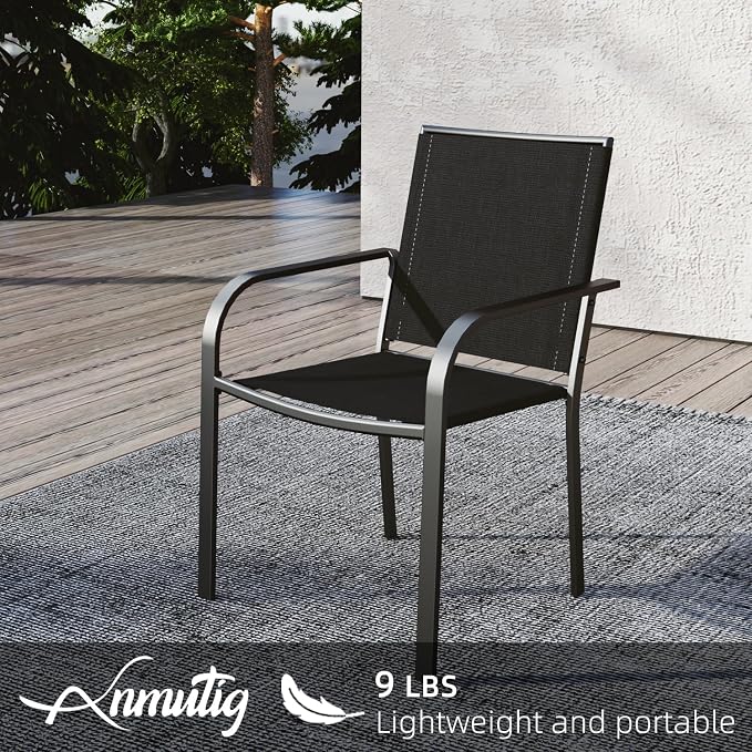 5 Piece Outdoor Black Stackable Chair and 35" Square Table Patio Dining Set | 4 Piece Stackable Chairs, Textilene Seat&Back, Metal Table, Slat Table Top, 4 Person Use, 1.57" Umbrella Hole, All Weather