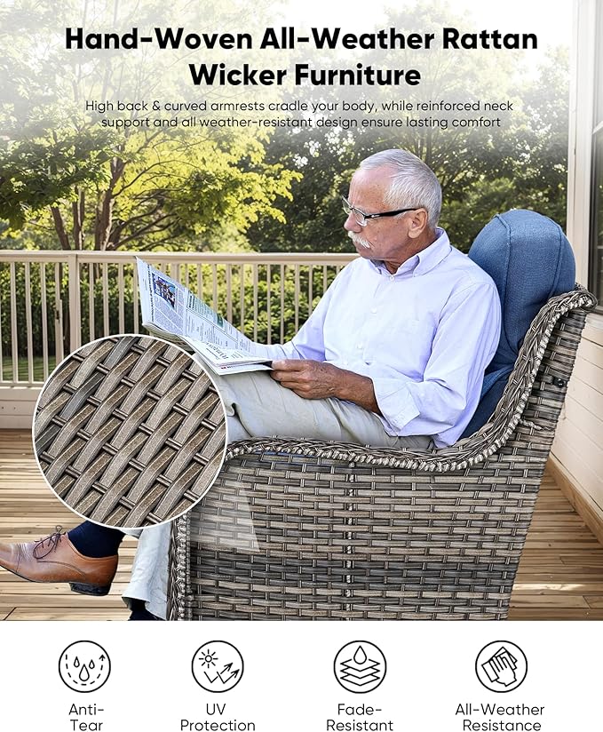HUMMUH 9 Pieces Wicker Outdoor Furniture Set 6-inch Cushions High Back Patio Sofa Swivel Rocker Chairs Set of 2 with Coffee Table for Porch,Deck,Backyard