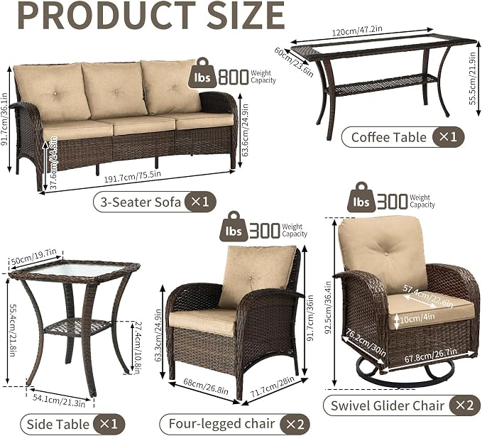 Outdoor Swivel Rocker Patio Chairs (Brown Wicker/Khaki Cushion, 7PC/Sofa & Swivel & Chair &2 Table)