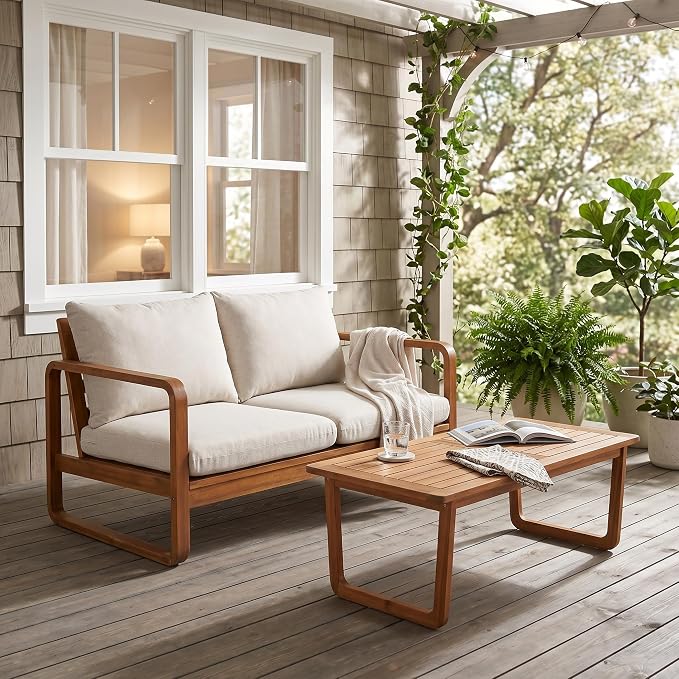 Christopher Knight Home Myra Acacia Wood Outdoor Loveseat and Coffee Table Set, 2 Piece Patio Furniture Set with Cushions, Patio Conversation Set with Slatted Design for Backyard, Teak + Beige