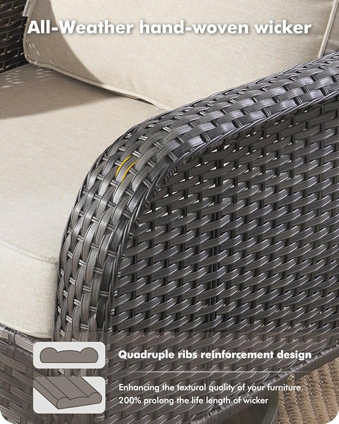 CAODOC 5 Pieces Patio Furniture Set,Outdoor Furniture with Rockers, Rattan Conversation Sets w/Coffee Table, Grey Wicker Light Beige Cushion
