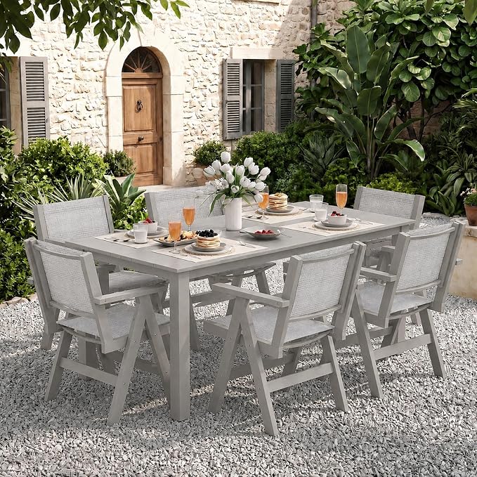 7-Piece Patio Dining Table Set, 69" Rectangle HDPE Outdoor Table & 6 Textilene Chairs Set with 2" Umbrella Hole, Wood-Look Finish, All-Weather Dining Set for Backyard, Poolside, Light Gray