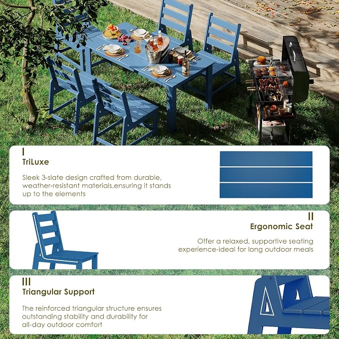 GREENVINES 7 Piece HDPE Outdoor Patio Dining Set, Table and 6 Chairs, Blue