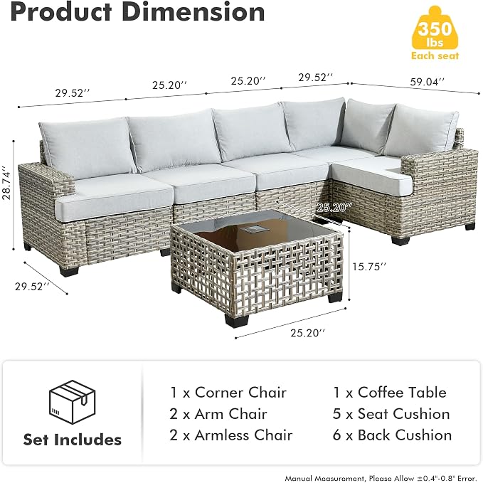 HOOOWOOO Sectional Patio Furniture Set with Solar Light Table,6 Pieces Wicker Outdoor Furniture L Shaped Couch,Outside Conversation Set with Extra Deep Seat Sofa Wide Arm,Light Gray