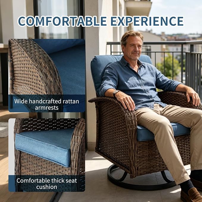 Outdoor Swivel Rocker Patio Chairs (Brown Wicker/Blue Cushion, 9PC/Sofa & Swivel & Chair &2 Table& Ottomans)