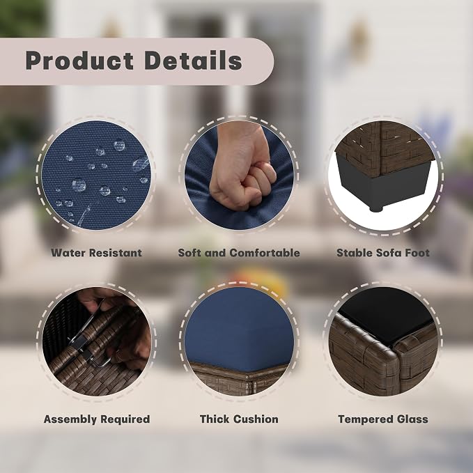 Patio Furniture Set, 7-Piece Outdoor Sectional Couch with Coffee Table & Thick Cushions, Outdoor Wicker Conversation Set for Backyard, Poolside, Garden (Brown-Navy, 7 Piece-Single)