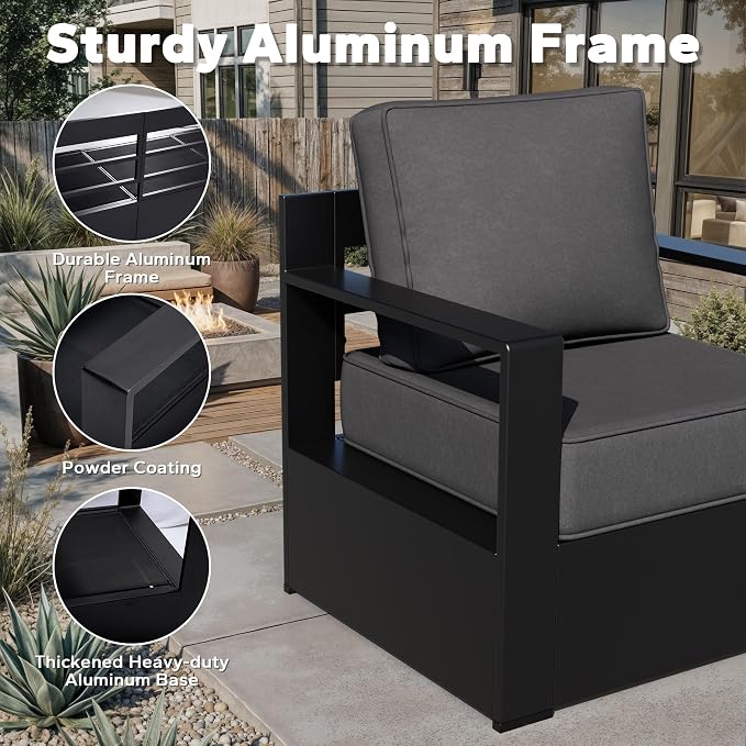 Outdoor Aluminum Furniture Set, 4-Piece Patio Conversation Set, 2 Swivel Chairs and 2 Sofa, All-Weather Metal Frame, 6" Thick Removable Cushions, Deep Setting for Garden, Poolside and Porch