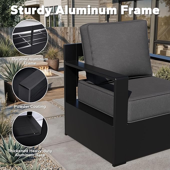 Outdoor Aluminum Furniture Set, 5-Piece Patio Conversation Set, 2 Swivel Chairs, 2 Sofa and 1 Fireplace, All-Weather Metal Frame, 6" Thick Removable Cushions, Deep Setting for Garden and Porch
