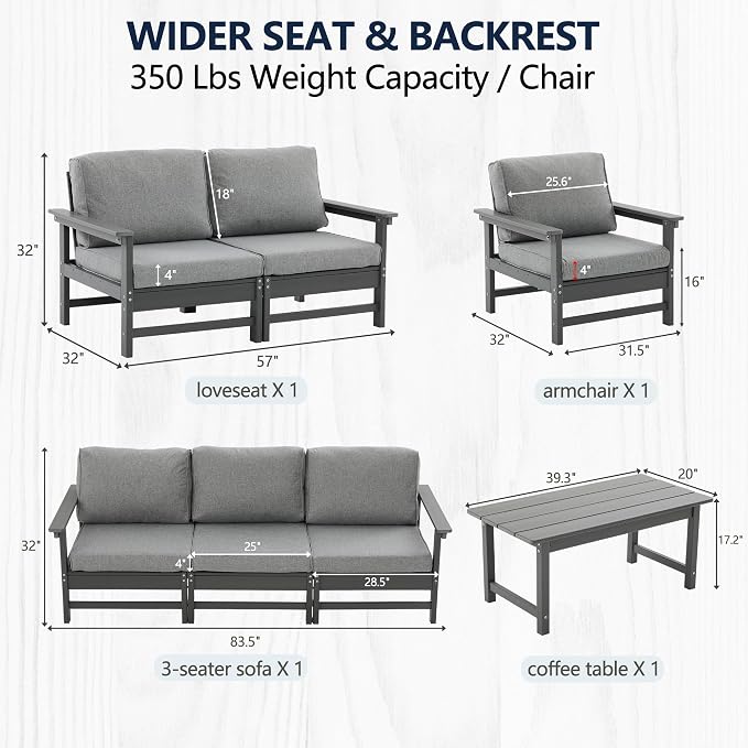 Outdoor Patio Furniture Set, Modular HDPE Conversation Set with 3-Seater Sofa, Loveseat, Armchairs & Large Coffee Table, All-Weather Patio Seating with Cushions