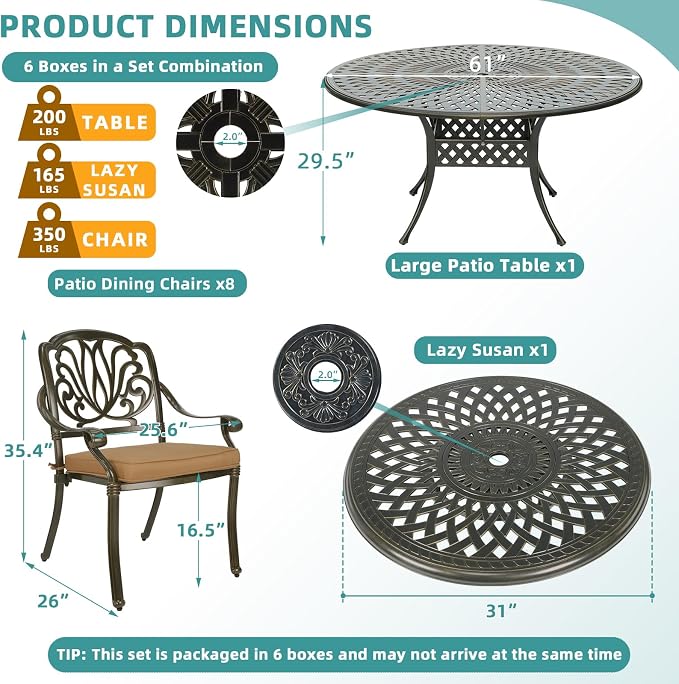 MEETWARM 9-Piece Outdoor Furniture Dining Set, All Weather Cast Aluminum Patio Garden Set- 8 Cushioned Chairs, 61" Round Patio Dining Table with Detachable Lazy Susan, 2" Umbrella Hole,Dark Bronze