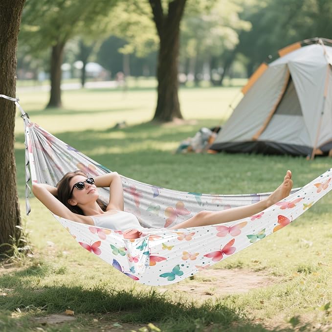 Camping Hammock Outdoor Hammocks for Outside Butterfly Watercolor White Beach Trees Portable Lightweight with Pockets Tree Straps Indoor