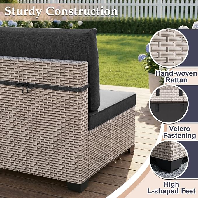 Patio Furniture Set, 10-Piece Outdoor Sectional Sofa with 60,000 BTU Fire Pit Table & Ottomans, Wicker Patio Conversation Set with Coffee Table, Black Cushions