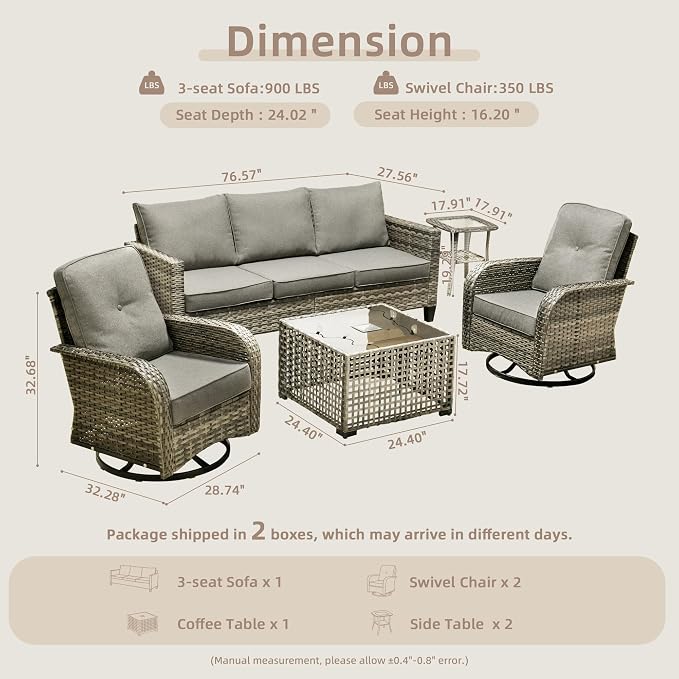 CAODOC Patio Furniture, All Weather Wicker 6 PCS Outdoor Sofa with High Back Swivel Rocker Chairs, Conversation Set with Solar Light Coffee Table,Light Rattan Dark Gray Cushion