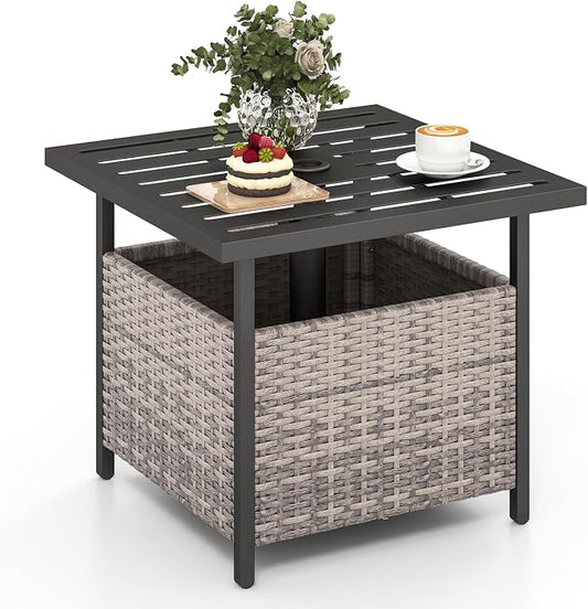 HAPPYGRILL Wicker Patio Umbrella Table with 1.57” Umbrella Hole, Outdoor Rattan Side Table with Heavy Duty Metal Frame, 22” Square PE Rattan End Table for Deck Backyard Poolside (Mix Gray)