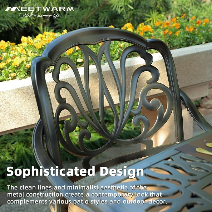 MEETWARM 7-Piece Outdoor Patio Dining Set, All-Weather Cast Aluminum Patio Conversation Set for Backyard Garden Deck with 6 Cushioned Swivel Rocker Chairs, 1 Rectangular Table, 2" Umbrella Hole
