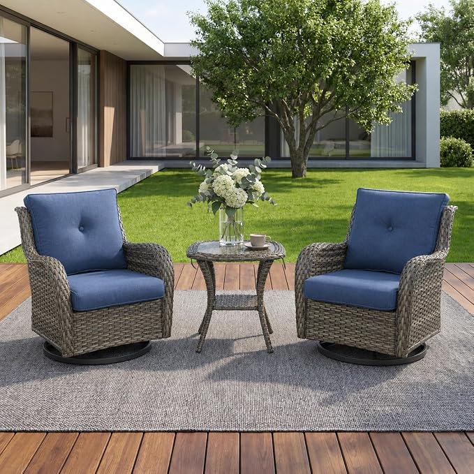 Rilyson Wicker Rocking Chair Swivel Chairs - 3 Piece Rocker Patio Furniture Set Rattan Rocking Bistro Sets with Glass Top Side Table for Outdoor Porch Deck Garden Backyard (Mixed Grey/Blue)