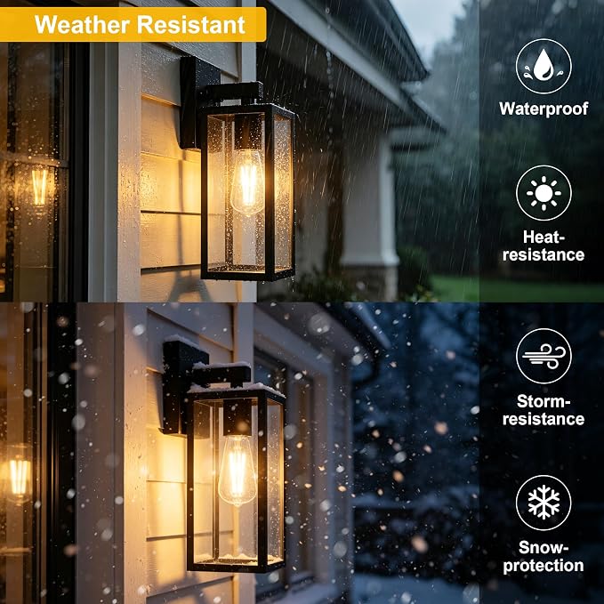 Kalium Porch Lights Outdoor Wall Light Fixture 2pcs, Matte Black, Wall Sconce 12.4 in, Toughened Frame, Clear Glass Shade, Waterproof Lanterns, for Patio, Exterior, Front, Door, Entryway
