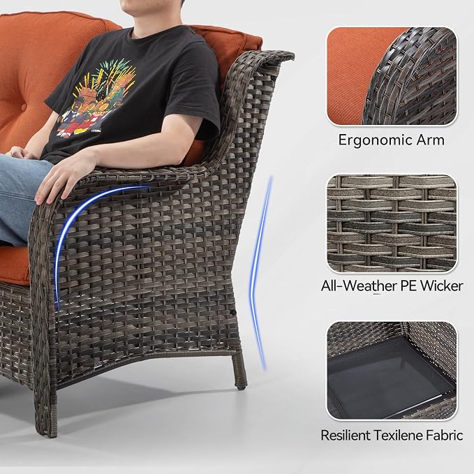 Outdoor Wicker Couch Set 6 Pieces - Outdoor Wicker Patio Furniture Set with 2 Armchairs, 2 Couch and 2 Ottomans, Olefin Cushions Included(Mixed Grey/Orange)