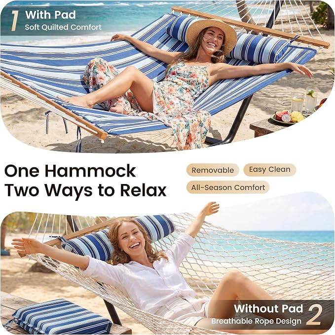 Everyfun 2 Person Hammock with Stand, Heavy Duty Double Cotton Rope Hammock with Removable Quilted Pad & Pillow, 500 LBS Adjustable Steel Frame, Tool-Free, Carry Bag for Outside Patio Yard, Blue