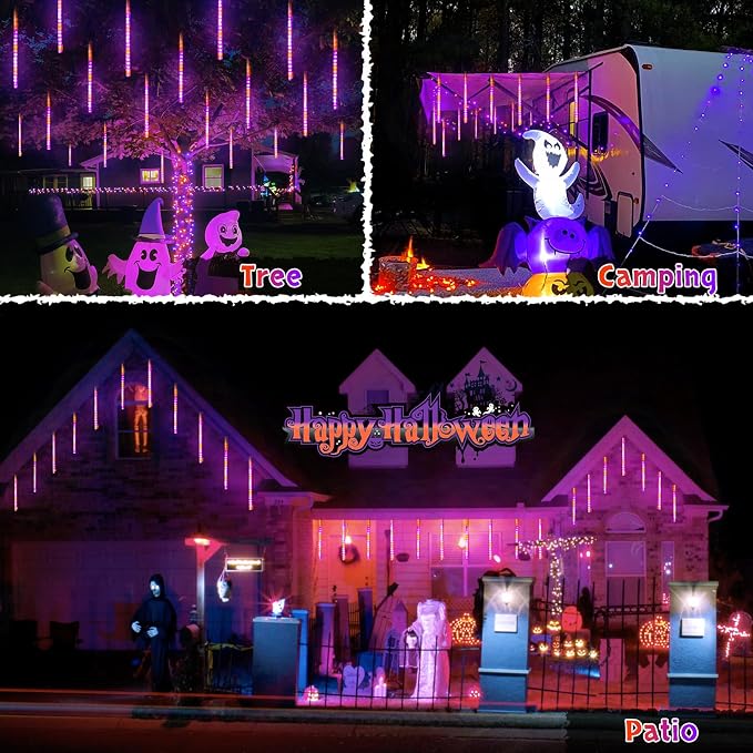 JMEXSUSS Orange and Purple Solar Halloween Lights Outdoor | 8 Tube 144 LEDs Solar Meteor Shower Rain Lights for Halloween Tree Yard Party Patio Christmas Decoration