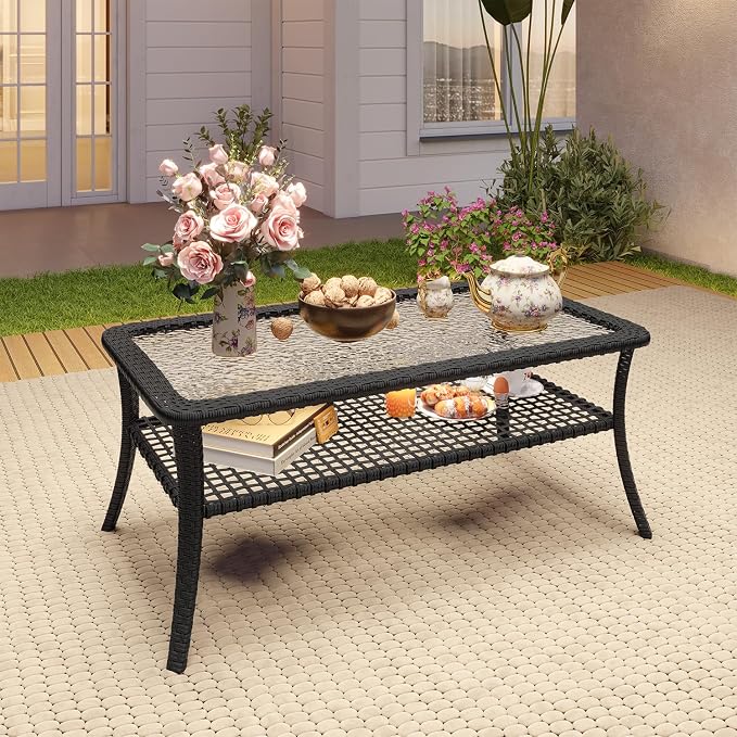 Aoxun Outdoor Coffee Table with Storage Wicker Patio Coffee Table, All-Weather Tempered Glass Top Coffee Table for Patio Furniture Set for Balcony, Garden, Deck, Backyard, Yellow