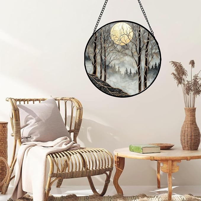 Stained Glass Window Hanging - Grey Moon Forest Sun Catcher for Door Home Decor Suncatcher Christmas Mother's Day Birthday Gifts for Women Men Lovers Mom Nana 7.8 in
