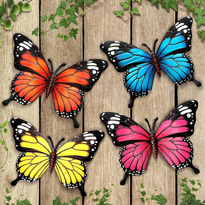 4 Pack Metal Butterfly Decorations, 6.7 in Butterfly Wall Art Sculpture Hanging Decor, Metal Butterflies Outdoor Decor for the Garden, Patio, Fence, Home, and Yard