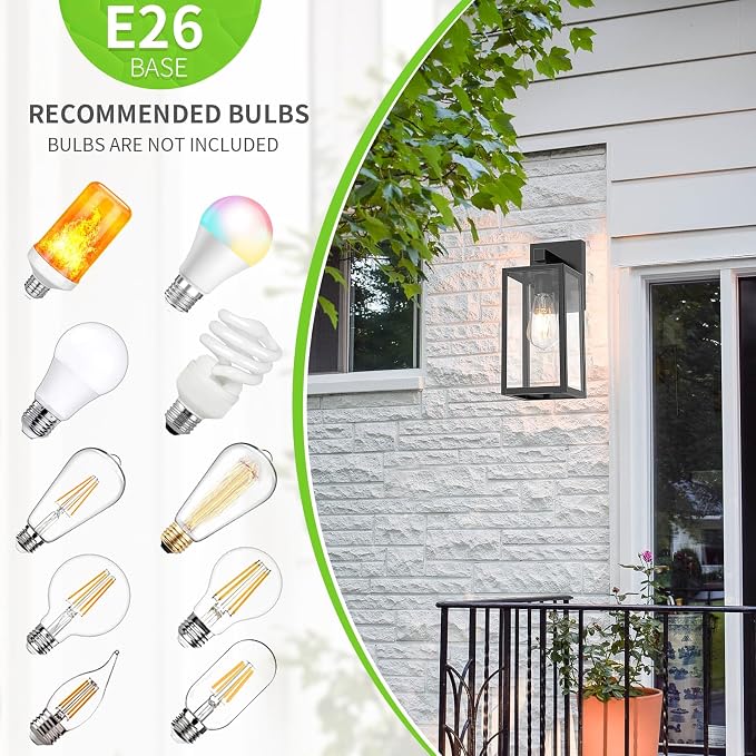 MAXvolador Outdoor Wall Sconce, Exterior Waterproof Wall Lantern Light Fixtures, Black Porch Lights with Toughened Glass Shade, Anti-Rust E26 Socket Front Door Mount Lighting, 2 Pack | Black Porch Wall Lights, Anti-Rust, E26 Socket, Clear Glass Outside...