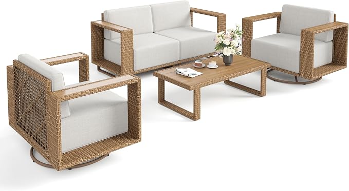SUNSHINE VALLEY 4 Pieces Patio Furniture Set with Swivel Chairs, Outdoor Wicker Conversation Set with 10" Thick Cushions, All Weather Rattan Conversation Set, Low Profile Lawn Garden Backyard Sofa