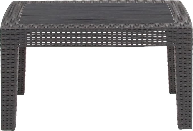 Merrick Lane Malmok Outdoor Furniture Patio Table - Dark Gray Faux Rattan Wicker Pattern Coffee Table - All-Weather Use - Wood Plank Top Design