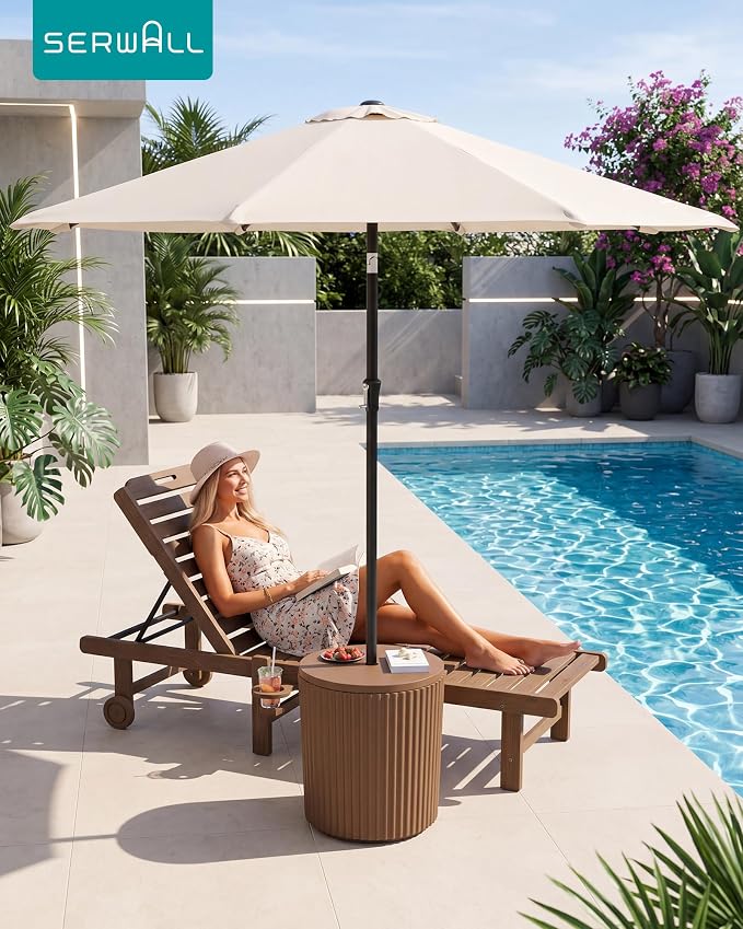 SERWALL Round Outdoor Umbrella Side Table Set of 2 - Outdoor Patio Table with Umbrella Hole for Porch/Patio/Poolside, Brown