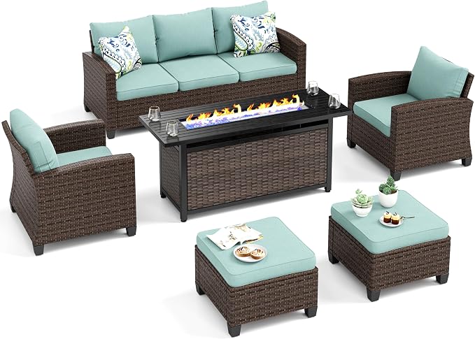 MIXPATIO Patio Furniture Set, 6 Pcs Wicker Rattan Outdoor Conversation Set, 2 x Leg Chairs, 1 x 3 Seater Sofa and 2 x Ottoman with 4" Thick Cushion and 56" Fire Pit Table, Blue