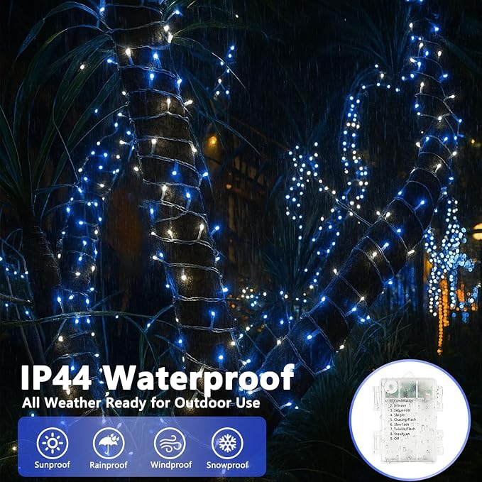 2 Pack 200 LED Battery Operated String Lights, Twinkle Lights Blue & White | 66FT 8 Modes Fairy Lights Indoor Outdoor with Auto Timer, Waterproof Christmas Lights for Bedroom Party Porch Tree Decor
