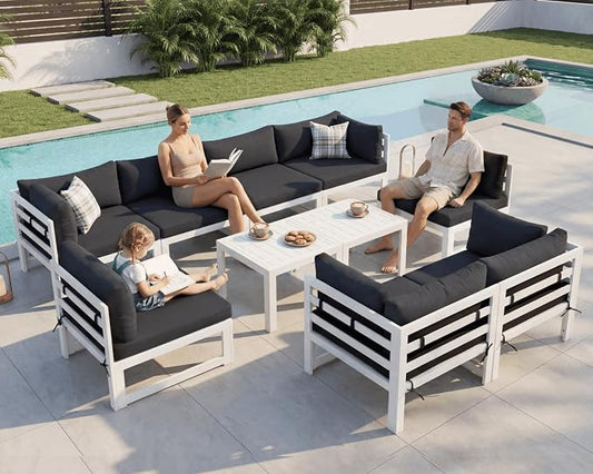 NICESOUL 10 Piece Oversized Modular Aluminum Outdoor Furniture Set with Coffee Table, 29" Deep Wide Sectional Seating, 500 lbs High Weight Capacity Patio Conversation Set for Garden Deck, Dark Gray