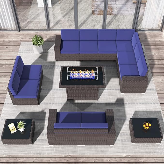 13 Pieces Patio Furniture Set with 44" Propane Gas Fire Pit Table, Outdoor Sectional Brown Rattan Wicker Conversation Sofa Sets with Coffee Table