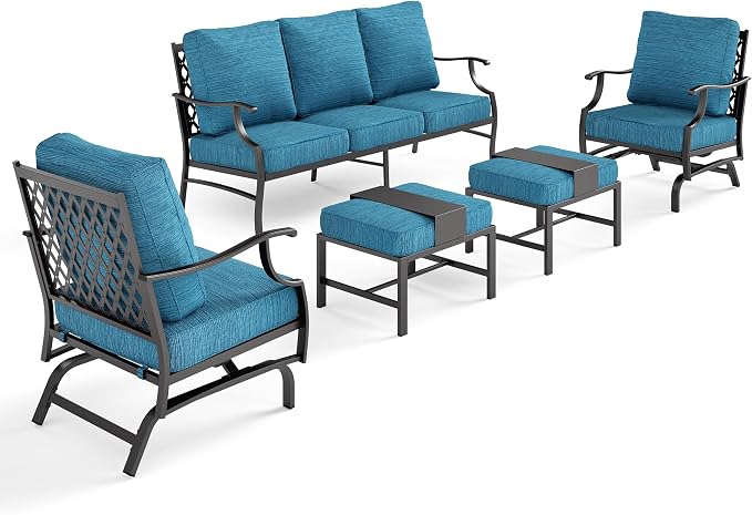 SUNSHINE VALLEY 7 Piece Metal Outdoor Patio Furniture Sets, Patio Conversation Sets 3-Seater Sofa, 2 Rocking Chair, 2 Ottomans with 5.75" Thick Cushion, All-Weather Frame Backyard Furniture, Blue-2