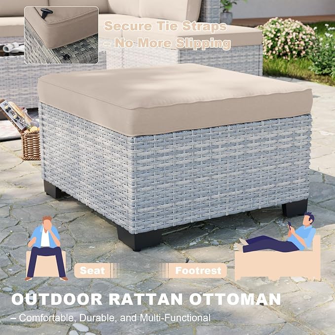 13-Piece Patio Furniture Set, Outdoor Patio Furniture with Swivel Chairs Set, Ottomans, 55,000 BTU Fire Pit Table, Modular Patio Sofa, Dual-Strand Wicker Rattan, Rust-Resistant Frame, Khaki