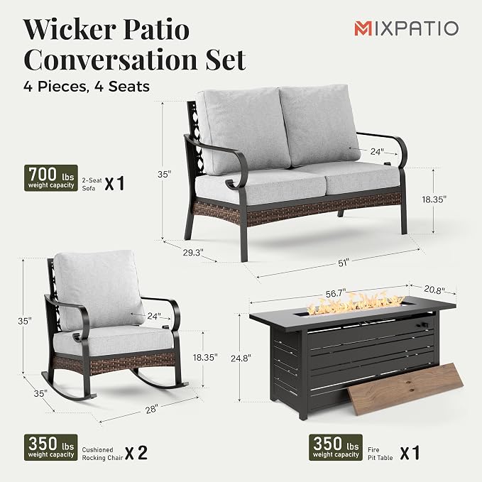 MIXPATIO Patio Furniture Set with Fire Pit Table, 4 PCS Metal Outdoor Conversation Set with 5.75'' Extra Thick Cushion, 2 Rocking Chairs, Loveseat Sofa and Gas Fire Pit Table, Light Grey