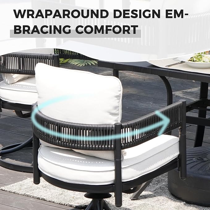Grand patio 9-Piece Expandable Table Dining Set for 6 to 10, Aluminum Outdoor Dining Table with Glass Tabletop, Metal Woven Wicker Swivel Patio Chairs with Cushions for Yard, Poolside, Deck (Black)