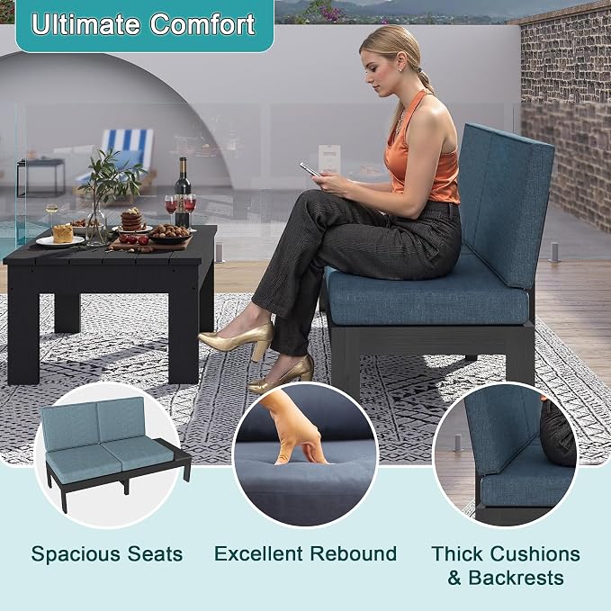 Domi HDPE Outdoor Patio Sofa Set, 3-Piece Modern Conversation Set with Left & Right Sofas, Cushioned Sectional Seating and Coffee Table for Backyard, Porch, Deck & Garden,Grey