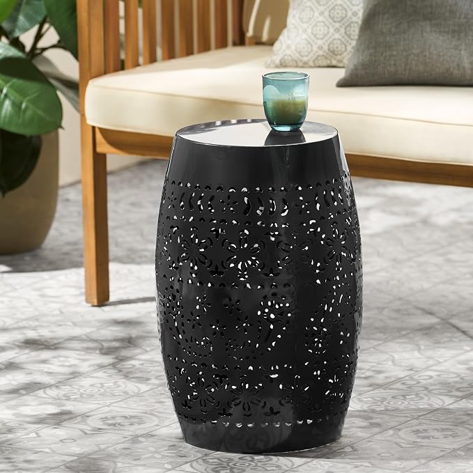 12" Outdoor Side Table, Metal Cutout Drum Side Table, Patio Garden Stool | Coffee End Tables for Small Spaces, Living Room, Backyard, Poolside